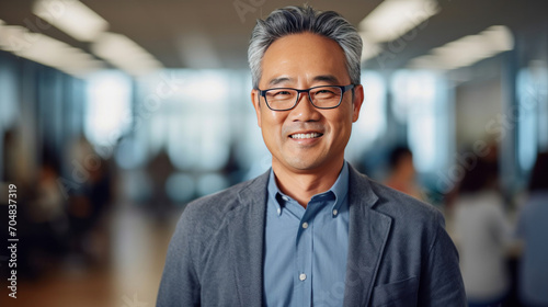 Asian mature professional business man standing in an office smiling confidently. Business corporate people background.