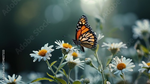  a close up of a butterfly on a plant with flowers in the foreground and blurry in the background. © Olga
