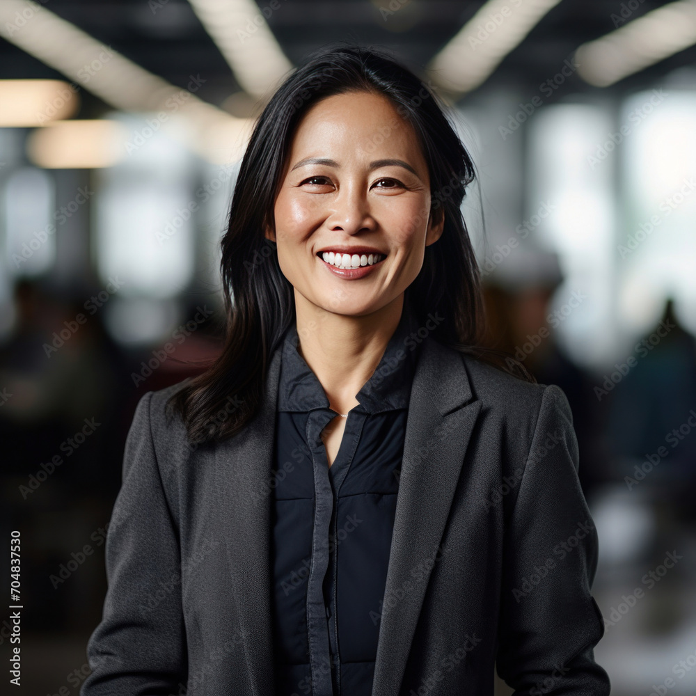 Asian mature professional business woman standing in an office smiling confidently. Business corporate people background. Asian mature professional business woman standing in an office smiling confidently. Business corporate people background.