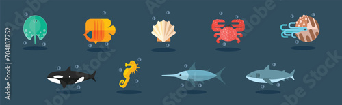 Flat Sea Life and Marine Animal Vector Set