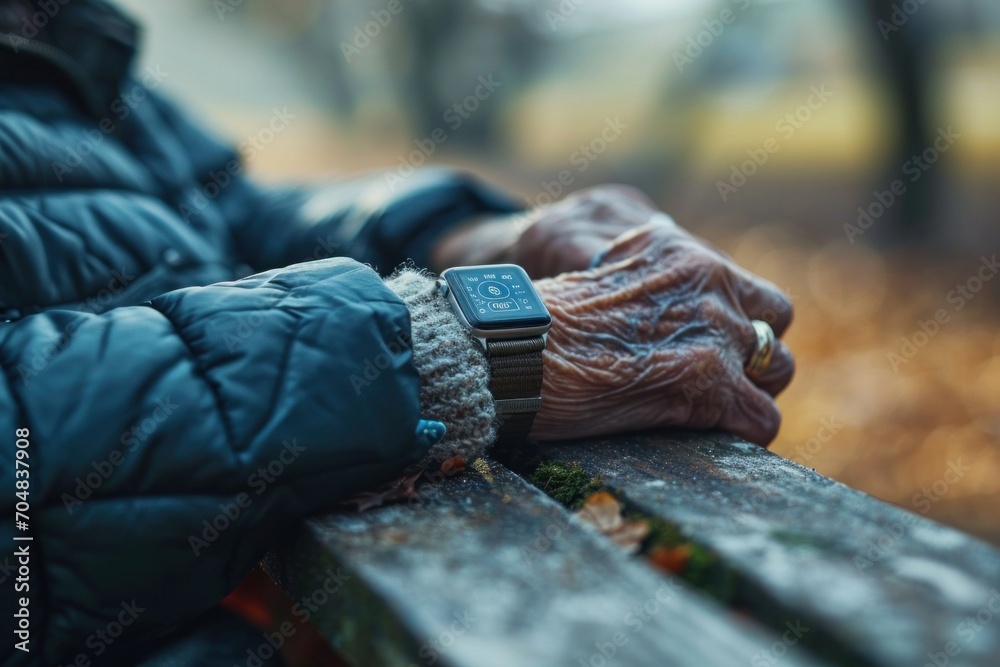 A photo of an elderly individual using a smartwatch to monitor health stats, emphasizing the blend of health consciousness and technology