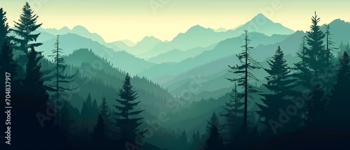 illustration depicting a panoramic forest mountain landscape. dark green silhouettes of valley views