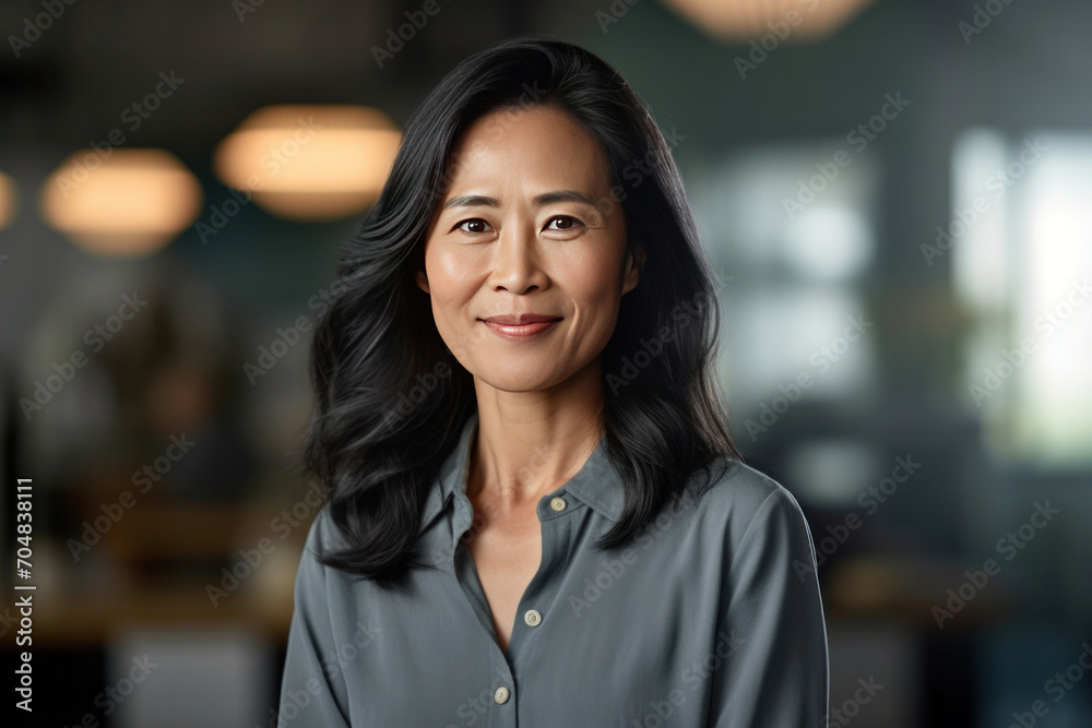 custom made wallpaper toronto digitalAsian mature professional business woman standing in an office smiling confidently. Business corporate people background.
