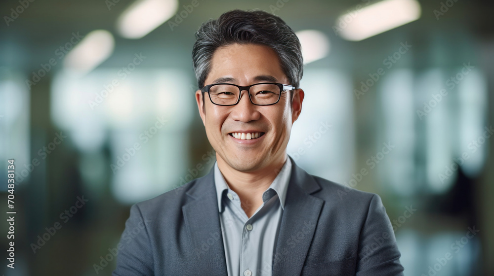 Fototapeta premium Asian mature professional business man standing in an office smiling confidently. Business corporate people background.