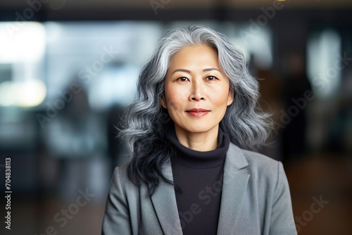 Asian mature professional business woman standing in an office smiling confidently. Business corporate people background.