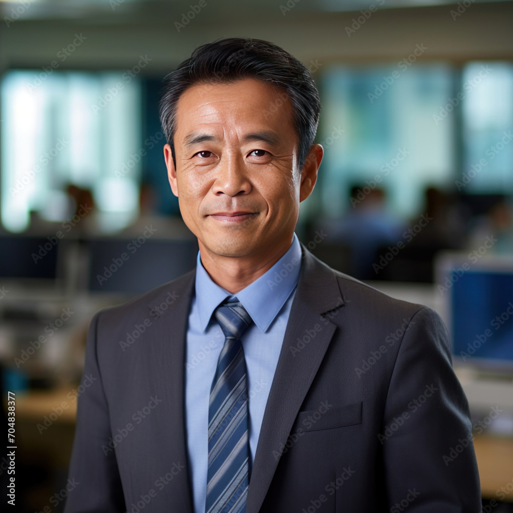 Asian mature professional business man standing in an office smiling confidently. Business corporate people background. Asian mature professional business man standing in an office smiling confidently. Business corporate people background.