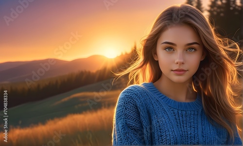 Close up portrait of beautiful young woman in blue sweeter on sunset background. Ecology and environment concept	 photo