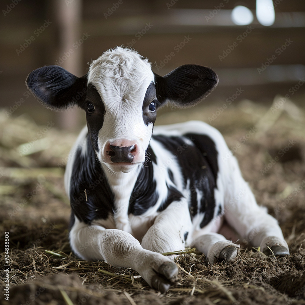 Newborn white with black calf laying on ground on livestock dairy farm, ai technology