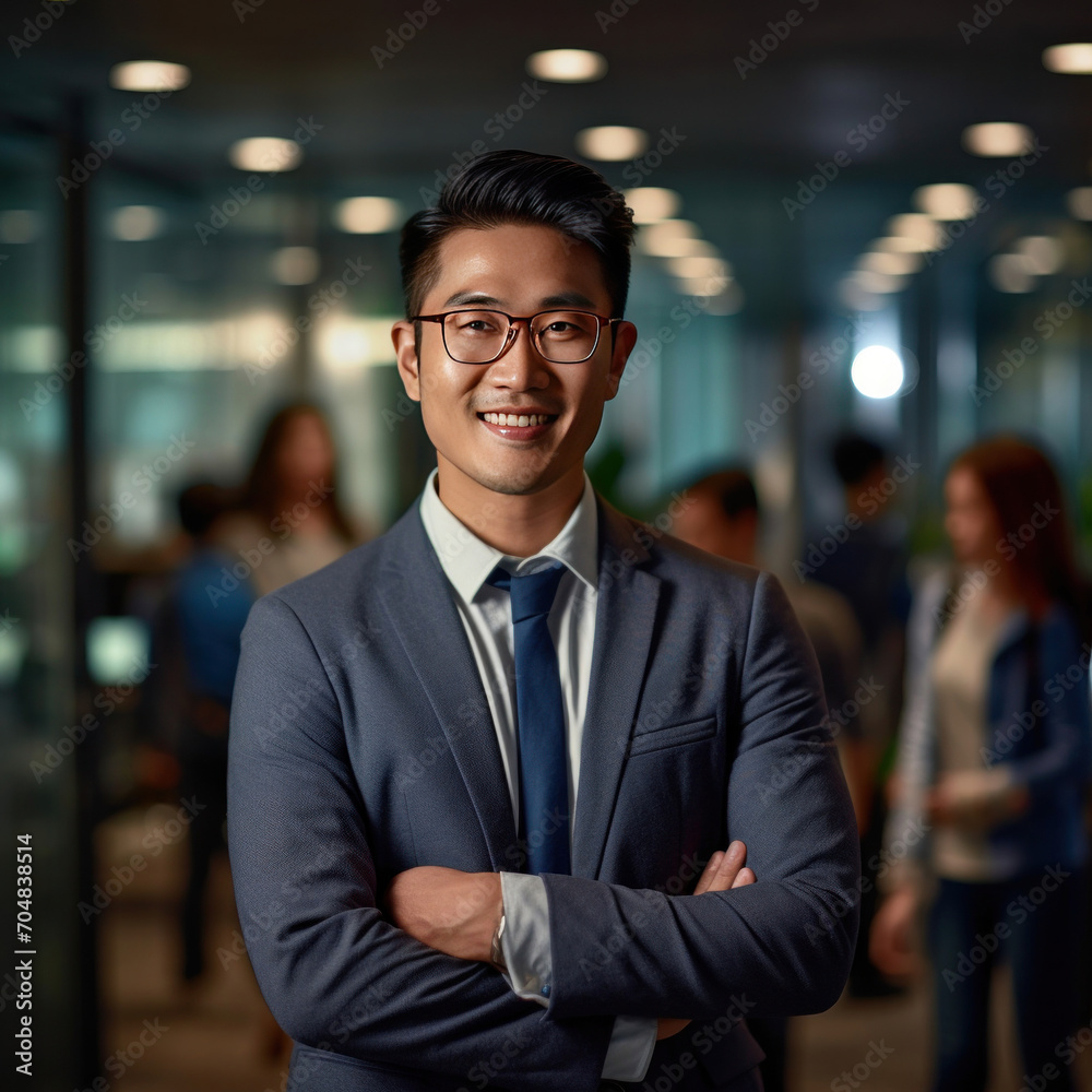 Asian young business man standing in an office smiling confidently. Business corporate people background.