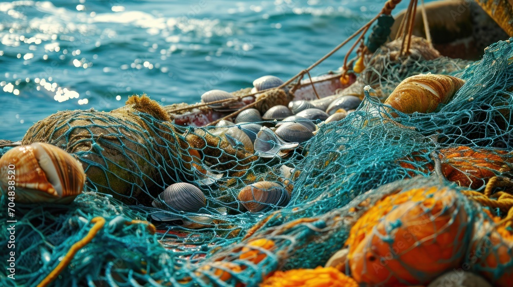  a fishing net filled with lots of different types of balls and seashells sitting on top of a body of water. - obrazy, fototapety, plakaty 