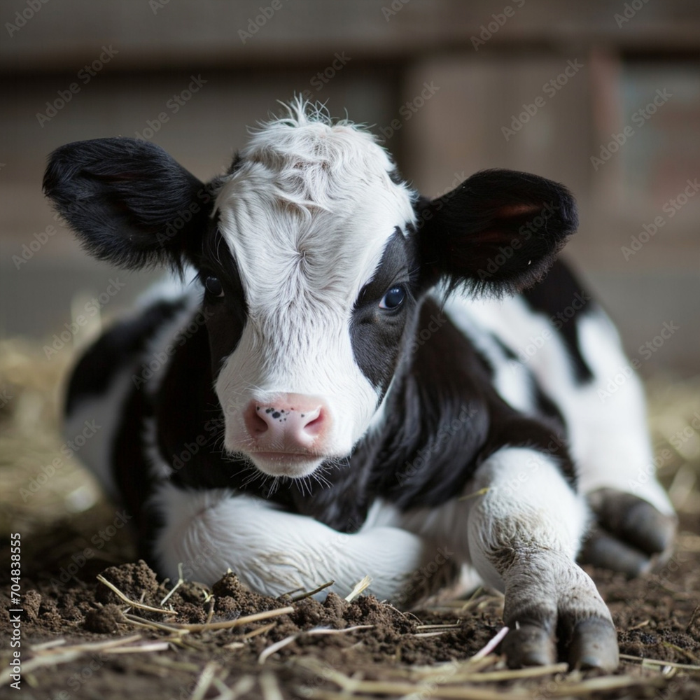 Newborn white with black calf laying on ground on livestock dairy farm, ai technology