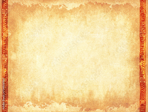 Horizontal or vertical grunge background with border with ethnicity ornament and paper texture of yellow color. Retro backdrop with african tribal motifs frame. Mock up template. Copy space for text photo