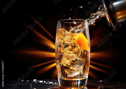 A close-up shot of a screwdriver cocktail being poured into a glass, with the camera positioned at