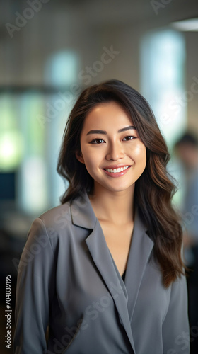 Asian young business woman standing in an office smiling confidently. Business corporate people background.