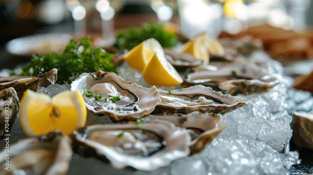  a close up of oysters on ice with lemon wedges and garnished with parsley and parsley.