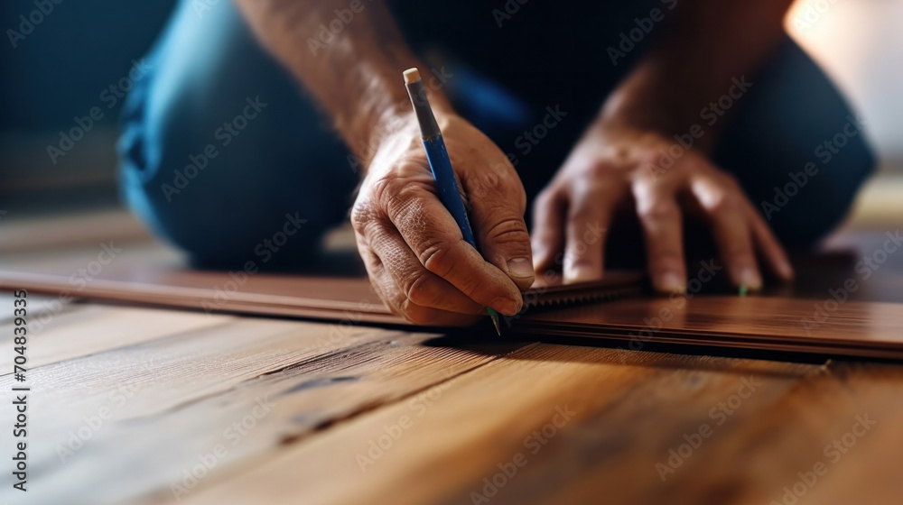 Close up of a worker hands installing timber laminate floor. Wooden floors house renovation with measure items. - obrazy, fototapety, plakaty 