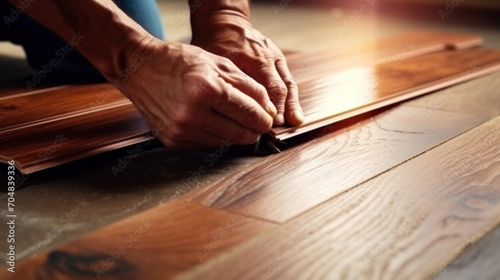 Close up of a worker hands installing timber laminate floor. Wooden floors house renovation with measure items. Close up of a worker hands installing timber laminate floor. Wooden floors house renovation with measure items.