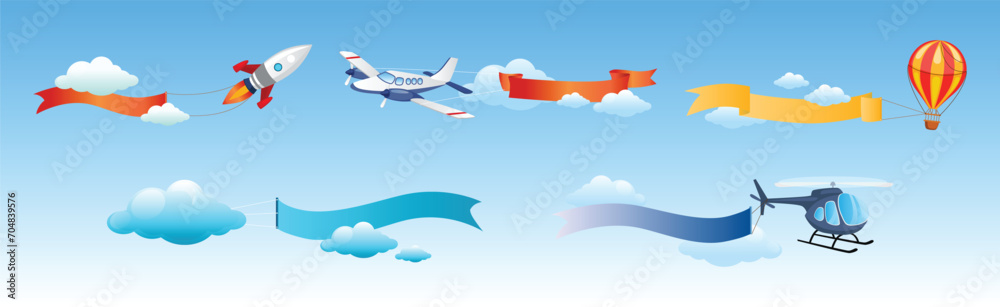 Air Vehicle Flying in Blue Sky with Ribbon Vector Set