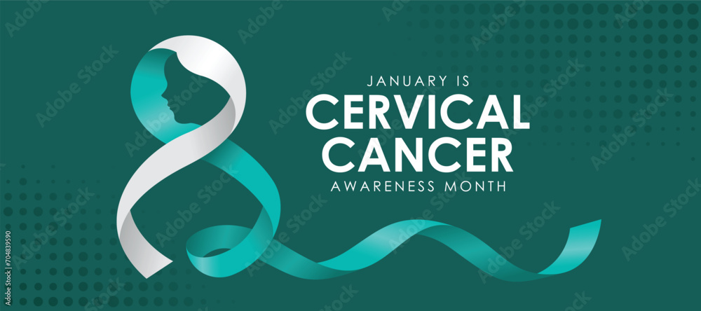 January is cervical cancer awareness month text and teal white ribbon roll with face woman shape on dark teal background vector design - obrazy, fototapety, plakaty 