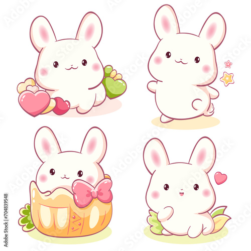 Set of little bunny in kawaii style. Tiny baby rabbits in multiple poses. Cute rabbit expression sheet collection. Can be used for t-shirt print, sticker, greeting card. Vector illustration EPS8