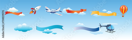 Air Vehicle Flying in Blue Sky with Ribbon Vector Set