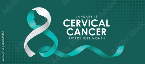 January is cervical cancer awareness month text and teal white ribbon roll with face woman shape on dark teal background vector design
