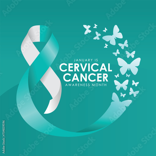 January is cervical cancer awareness month text in teal white ribbon roll waving to circle shape with butterflys fly out on dark teal background vector design