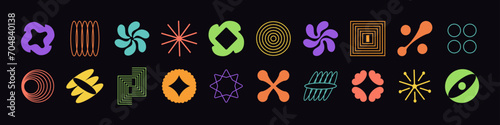 Brutal geometric shapes icons set. Futuristic brutalist digital symbols, retro bauhaus minimal figures. Abstract forms in brutalism style. Y2K design elements. Flat isolated vector illustrations