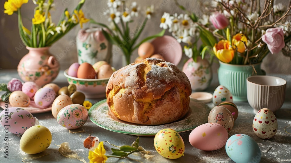  a table topped with a loaf of bread covered in icing next to eggs and vases filled with flowers.