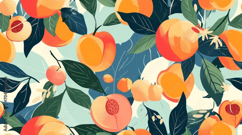  a pattern of peaches and leaves on a light blue background with oranges and green leaves on a light blue background.