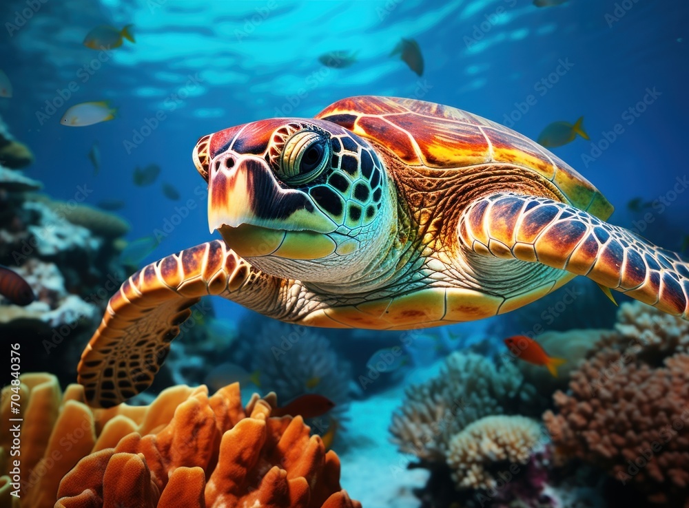 Obraz premium Green sea turtle on coral reef in the Red Sea, Egypt.