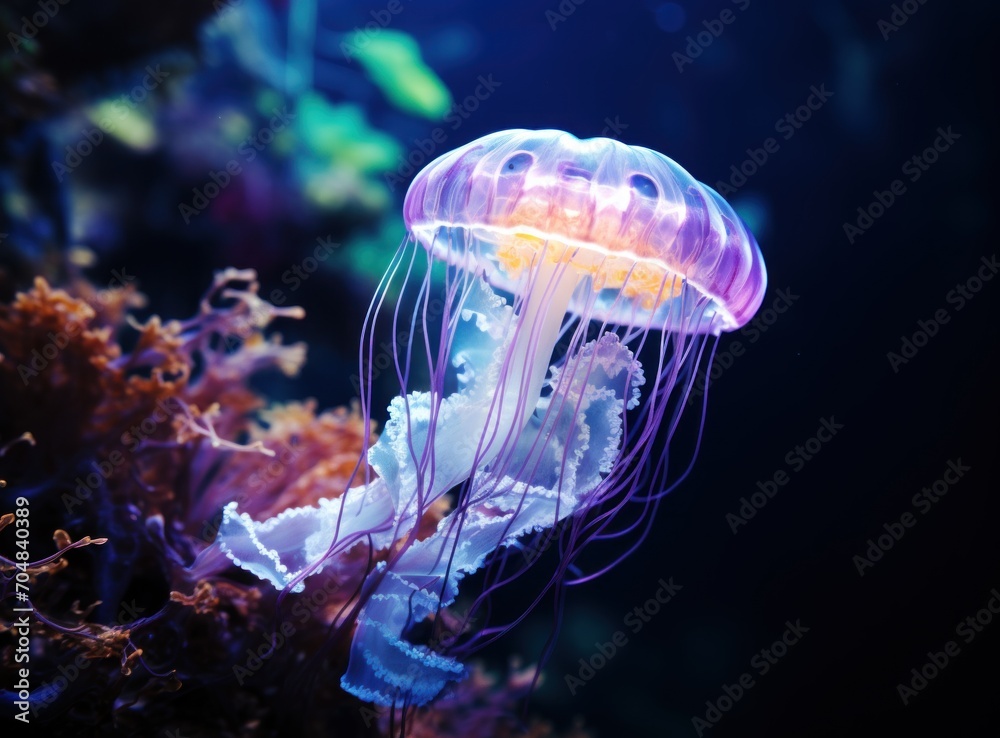 Fototapeta premium Colorful jellyfish swimming in the water. Underwater world.