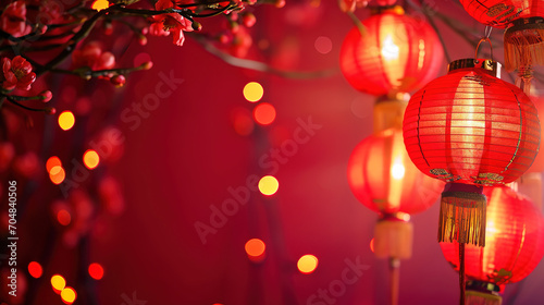 wallpaper of Chinese new year with lit lanterns, With empty copy Space 