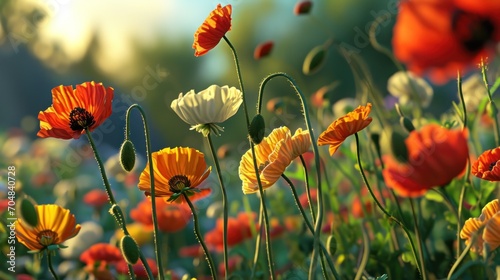  a field of orange and white flowers with green stems and stems in the foreground, with a blue sky in the background. © Olga