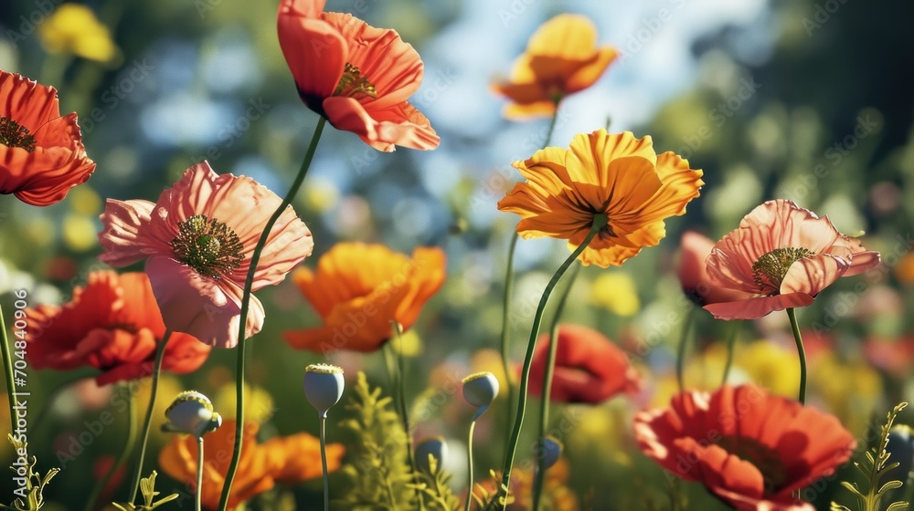 Fototapeta premium a field full of different colored flowers with a blue sky in the backgrounnd of the flowers is an orange, yellow, pink, red, and white, and green color.