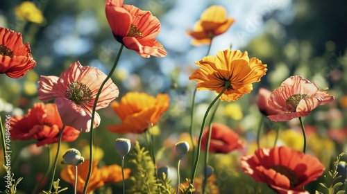  a field full of different colored flowers with a blue sky in the backgrounnd of the flowers is an orange, yellow, pink, red, and white, and green color.