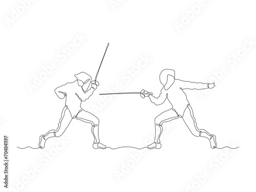 duel, Abstract swordsman, sword fencing, sports ,continuous one line art hand drawing sketch