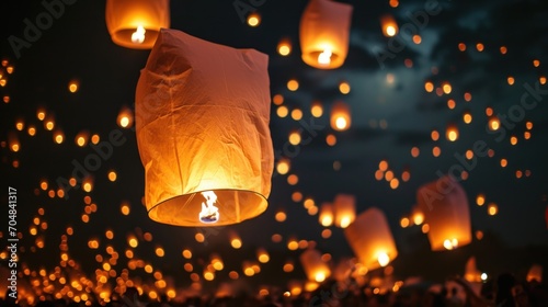  a lot of paper lanterns floating in the air at night time with people looking on and taking pictures of them.