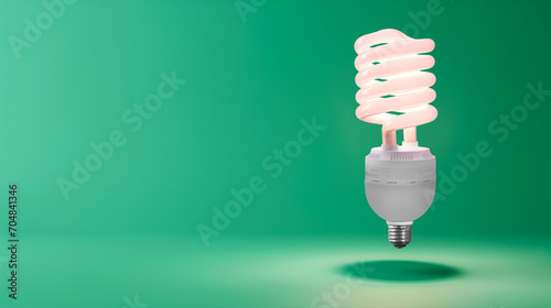 An green energy saving lightbulb in mid air against a green background with copy space room for text photo