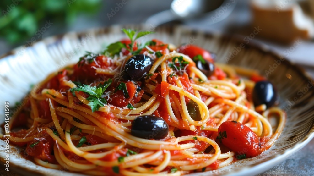 a plate of spaghetti with tomatoes, olives, and parsley on a plate with bread in the background. a plate of spaghetti with tomatoes, olives, and parsley on a plate with bread in the background.