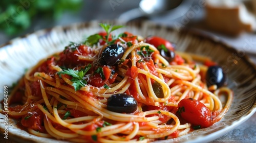  a plate of spaghetti with tomatoes  olives  and parsley on a plate with bread in the background.