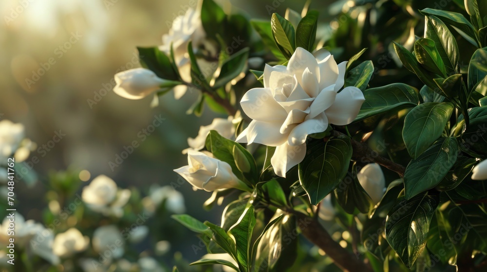  a close up of a white flower on a tree with lots of green leaves in the foreground and a blurry background.