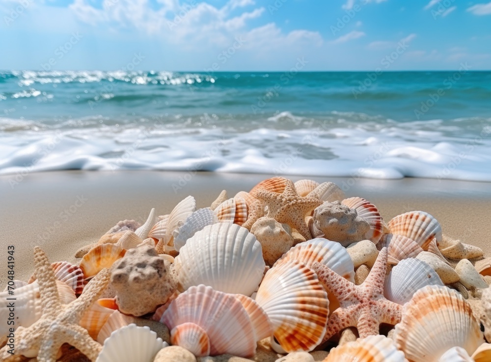 Seashells on the beach with blue sea and sky background Seashells on the beach with blue sea and sky background