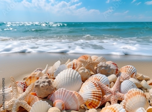 Seashells on the beach with blue sea and sky background