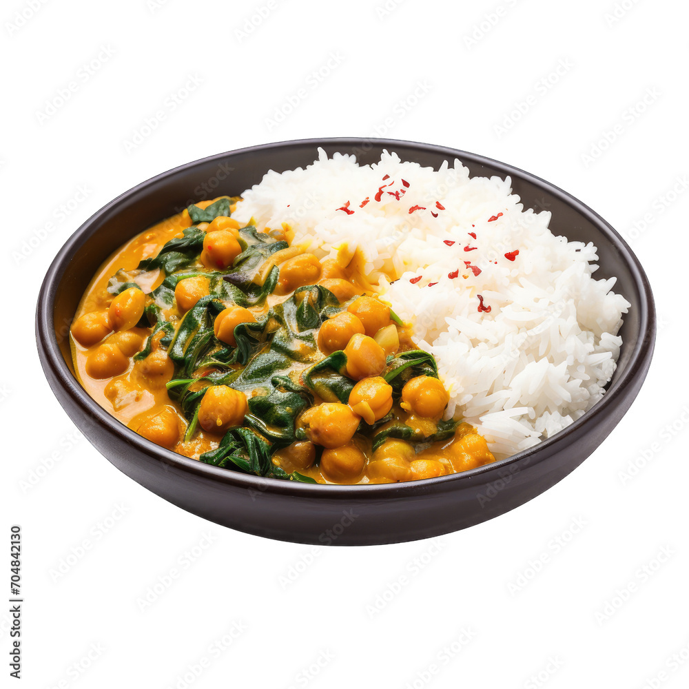 Flavorful curry with chickpeas and spinach served over rice Transparent Background Png Image Flavorful curry with chickpeas and spinach served over rice Transparent Background Png Image