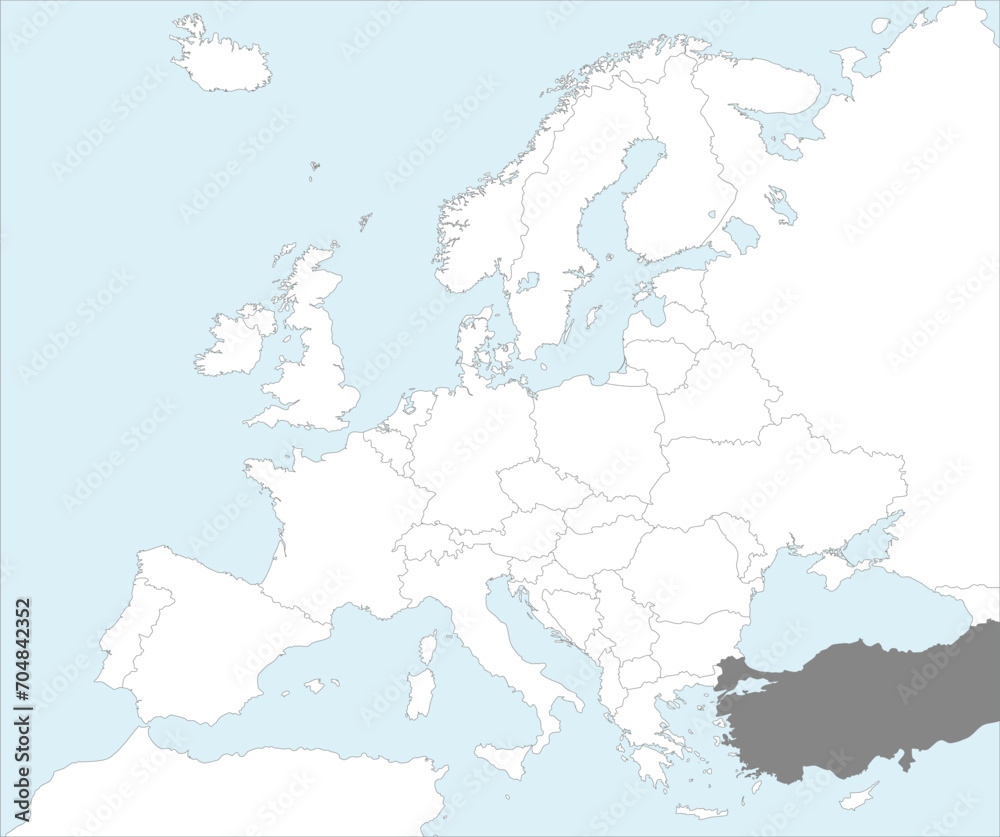 Gray CMYK national map of TURKEY/TURKIYE inside detailed white blank political map of European continent on blue background using Mollweide projection