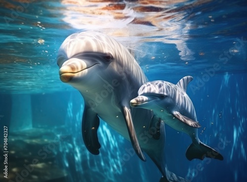 Dolphins swimming in the ocean. 3d rendering. Virtual reality.