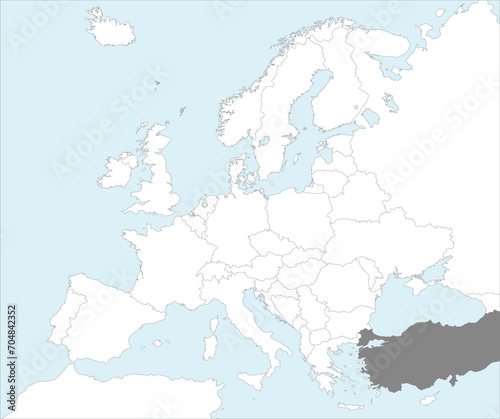 Gray CMYK national map of TURKEY/TURKIYE inside detailed white blank political map of European continent on blue background using Mollweide projection
