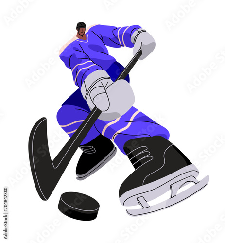 Professional hockey player hits puck with stick. Sportsman in safety uniform skating. Athlete play on ice. Winter sport game. Dynamic motion. Flat isolated vector illustration on white background