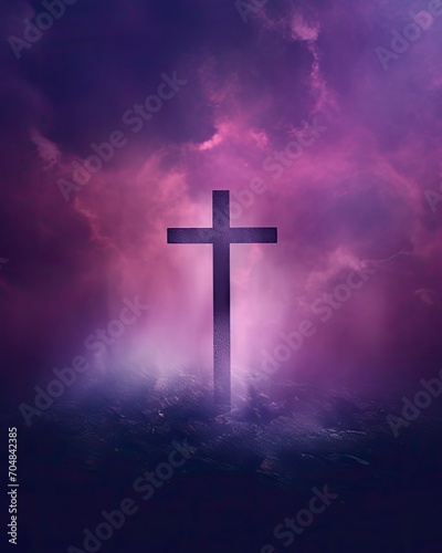 The Empty Cross, hazy, worship background art, Christianity, copy space - generative ai © Nia™